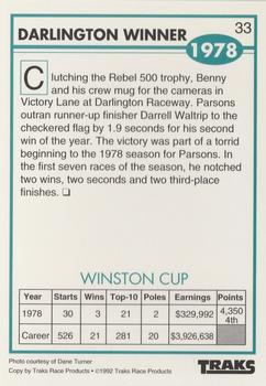 1992 Traks Benny Parsons #33 Darlington Winner Back