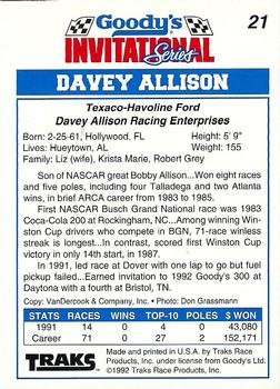 1992 Traks Goody's #21 Davey Allison Back