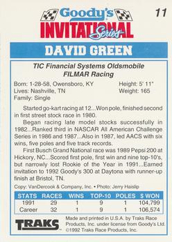 1992 Traks Goody's #11 David Green Back