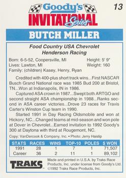 1992 Traks Goody's #13 Butch Miller Back
