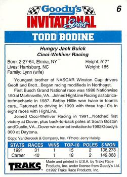 1992 Traks Goody's #6 Todd Bodine Back
