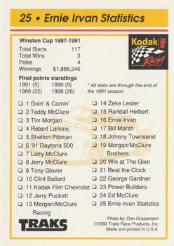 1992 Traks Kodak Ernie Irvan #25 Ernie Irvan Statistics Back