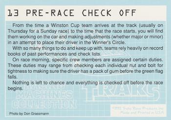 1992 Traks Racing Machines #13 Pre-Race Check Off Back