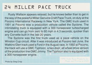 1992 Traks Racing Machines #24 Miller Pace Truck Back