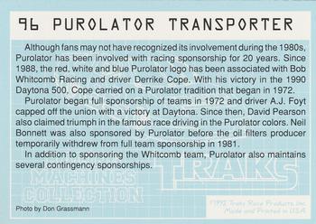 1992 Traks Racing Machines #96 Purolator Transporter Back
