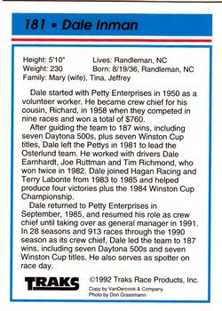 1992 Traks Team Sets #181 Dale Inman Back