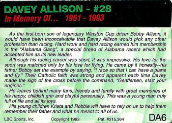 1993 Action Packed - Davey Allison #DA6 Davey Allison Back