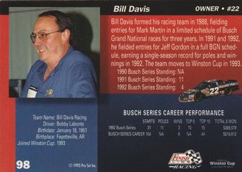 1993 Finish Line - Silver Series '93 #98 Bill Davis Back