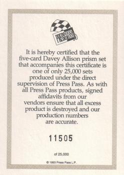 1993 Press Pass Previews - Davey Allison #NNO Certificate of Authenticity Front