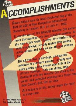 1993 Press Pass Previews - Davey Allison #DA1 Davey Allison Back