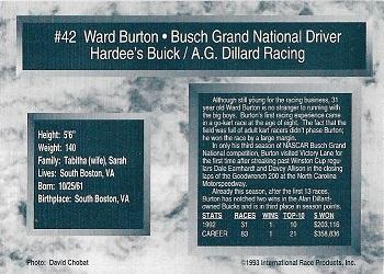 1993 Traks - First Run #42 Ward Burton Back