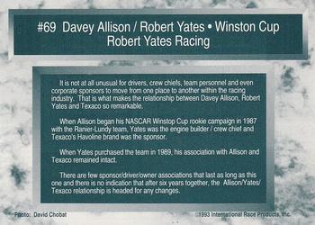 1993 Traks - First Run #69 Davey Allison / Robert Yates Back