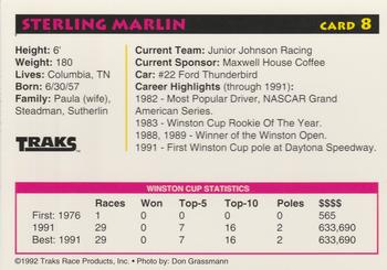 1992 Traks Preferred Collector #8 Sterling Marlin Back