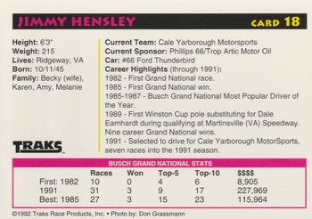 1992 Traks Preferred Collector #18 Jimmy Hensley Back