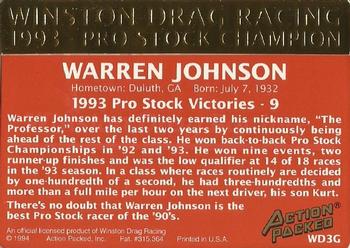 1994 Action Packed Winston Drag Racing 24K Gold #WD3G Warren Johnson Back