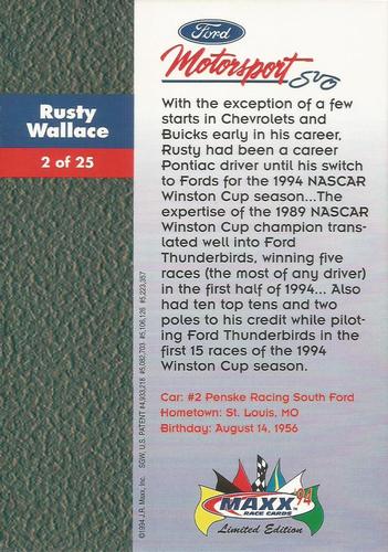 1994 Maxx Ford Motorsport #2 Rusty Wallace Back