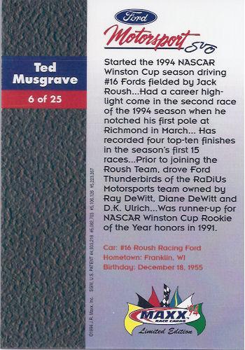 1994 Maxx Ford Motorsport #6 Ted Musgrave Back