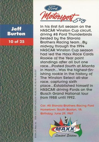 1994 Maxx Ford Motorsport #10 Jeff Burton Back