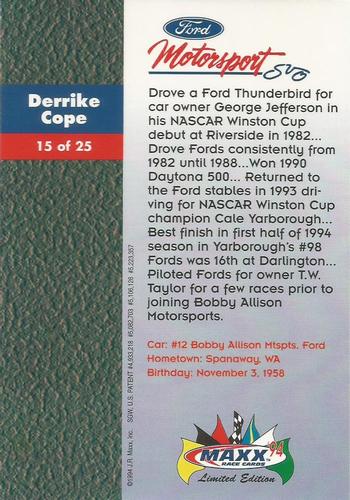 1994 Maxx Ford Motorsport #15 Derrike Cope Back