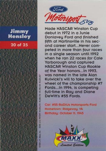 1994 Maxx Ford Motorsport #20 Jimmy Hensley Back