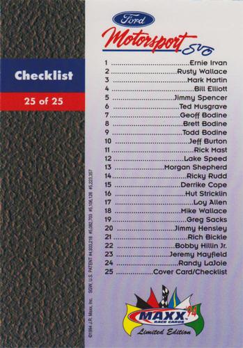 1994 Maxx Ford Motorsport #25 Checklist Back