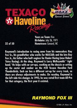 1994 Maxx Texaco Havoline Racing #32 Raymond Fox III Back