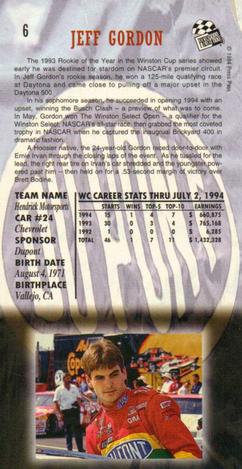 1994 Press Pass Optima XL - Red Hot #6 Jeff Gordon Back