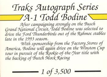 1994 Traks - Autograph Series #A-1 Todd Bodine Back