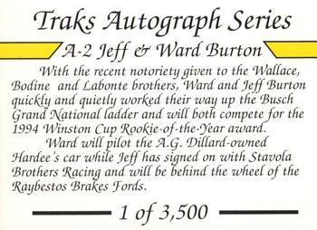 1994 Traks - Autograph Series #A-2 Jeff Burton / Ward Burton Back
