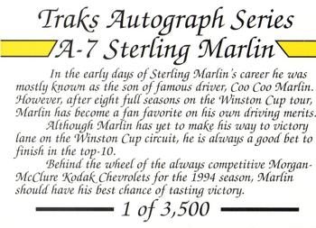1994 Traks - Autograph Series #A-7 Sterling Marlin Back