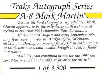 1994 Traks - Autograph Series #A-8 Mark Martin Back
