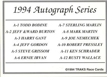 1994 Traks - Autograph Series #NNO Header/Checklist Back