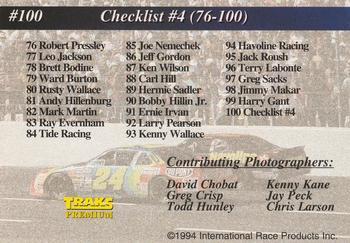 1994 Traks - First Run #100 Checklist #4: 76-100 Back