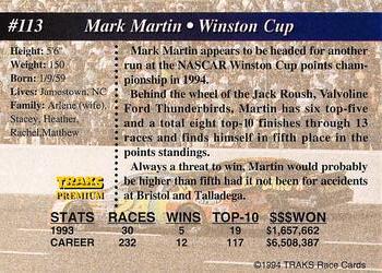 1994 Traks - First Run #113 Mark Martin Back