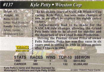 1994 Traks - First Run #137 Kyle Petty Back