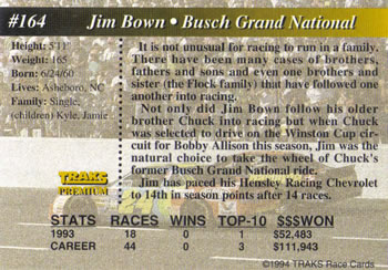 1994 Traks - First Run #164 Jim Bown Back