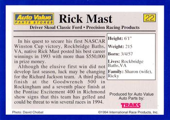 1994 Traks Auto Value #22 Rick Mast Back