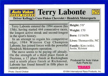 1994 Traks Auto Value #29 Terry Labonte Back
