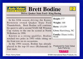 1994 Traks Auto Value #2 Brett Bodine Back