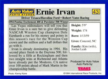 1994 Traks Auto Value #43 Ernie Irvan Back