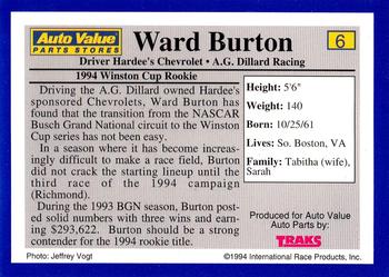 1994 Traks Auto Value #6 Ward Burton Back