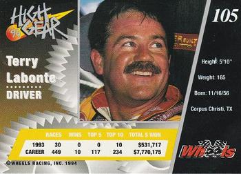 1994 Wheels High Gear - Day One Gold #105 Terry Labonte Back