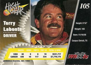 1994 Wheels High Gear - Gold #105 Terry Labonte Back