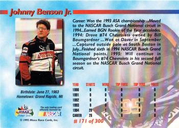 1995 Maxx Premier Series #171 Johnny Benson Jr. Back