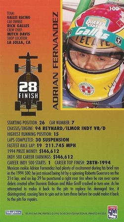 1995 SkyBox Indy 500 #100 Adrian Fernandez Back