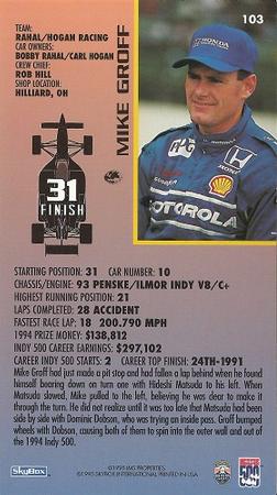 1995 SkyBox Indy 500 #103 Mike Groff Back