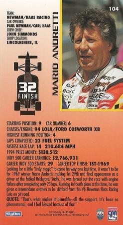1995 SkyBox Indy 500 #104 Mario Andretti Back