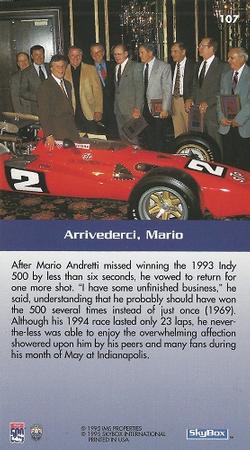 1995 SkyBox Indy 500 #107 Arrivederci, Mario Back