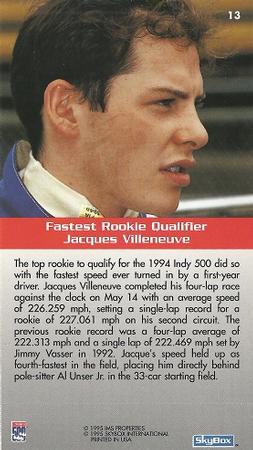 1995 SkyBox Indy 500 #13 Jacques Villeneuve Back