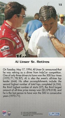 1995 SkyBox Indy 500 #15 Al Unser Sr. Retires Back